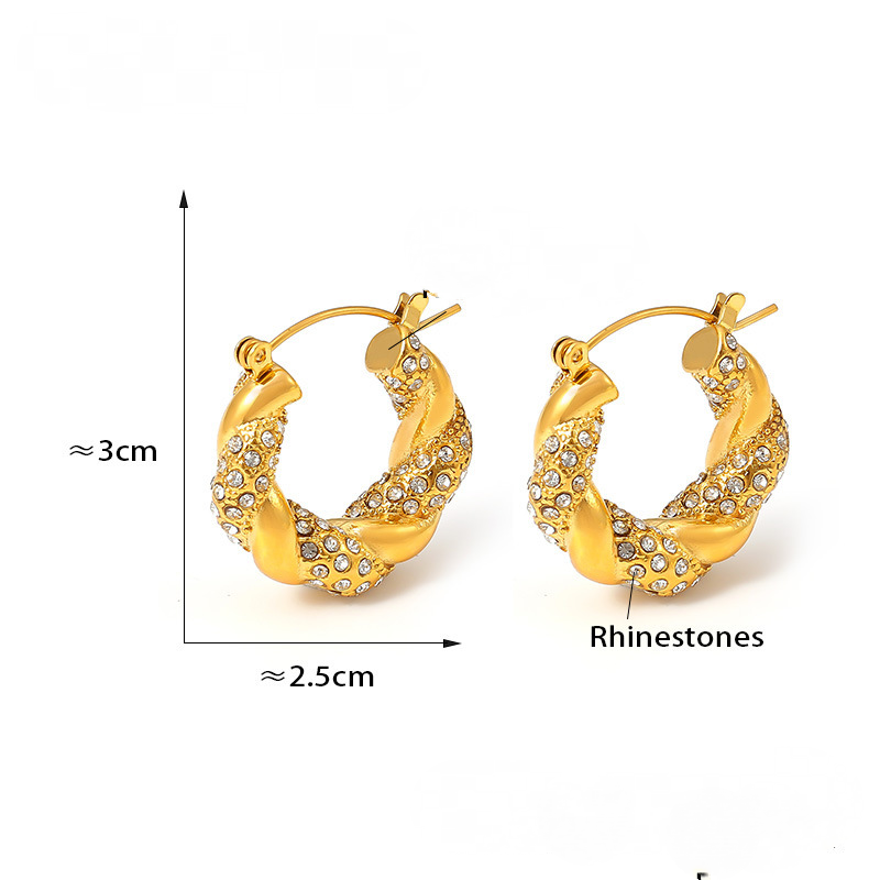Stainless Steel Twist Shape Inlay Rhinestones Hoop Earrings