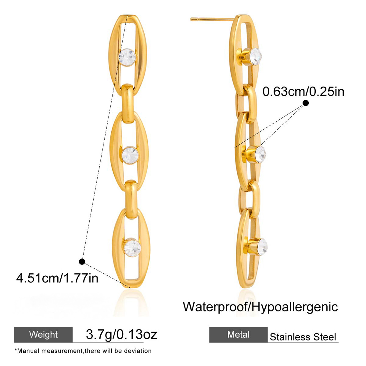 Stainless Steel 18K Gold PVD Chain Tassel Cubic Zirconia Stud Earrings