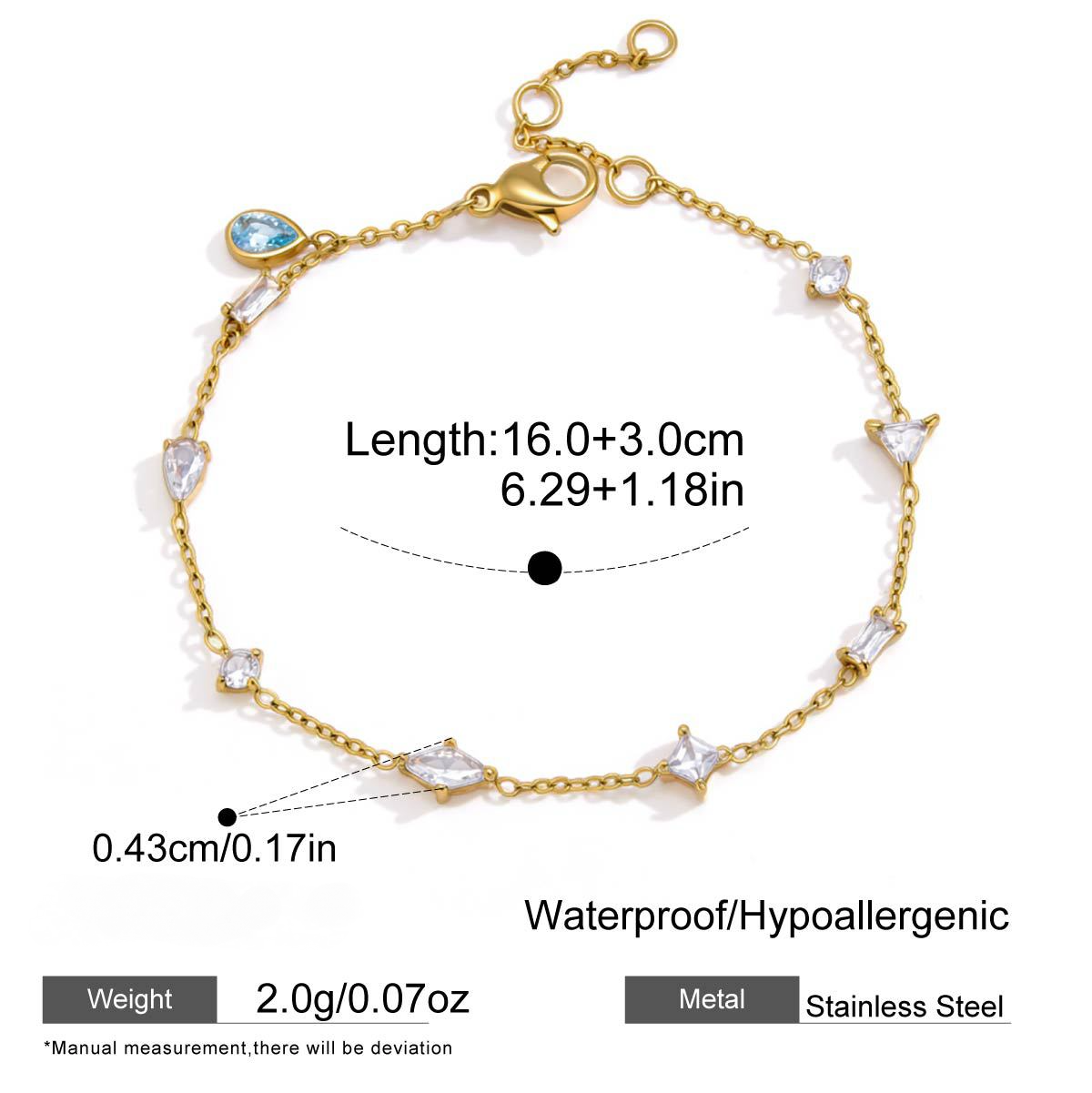 Stainless Steel Blue Water Drop Cubic Zirconia Pendant Bracelet
