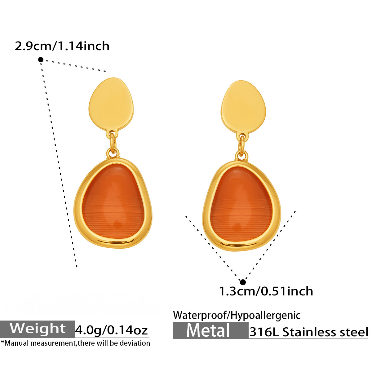 Stainless Steel Water Drop Cat's Eye Stone Necklace Earrings Bracelet Jewelry Set
