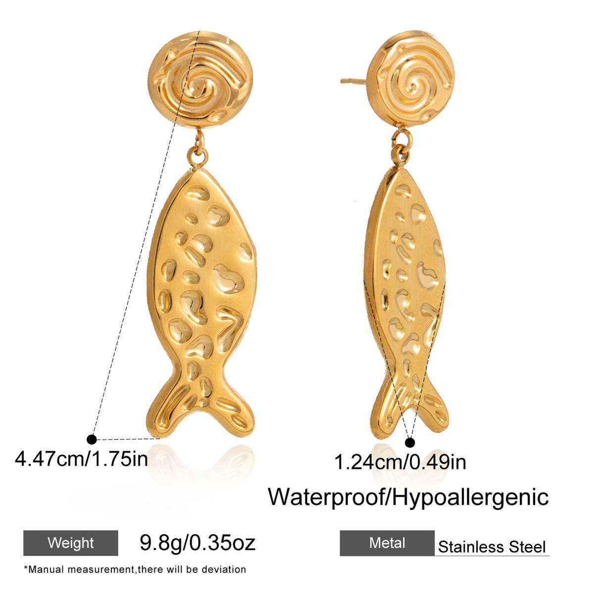 Stainless Steel Hammered Fish Pendant Stud Earrings