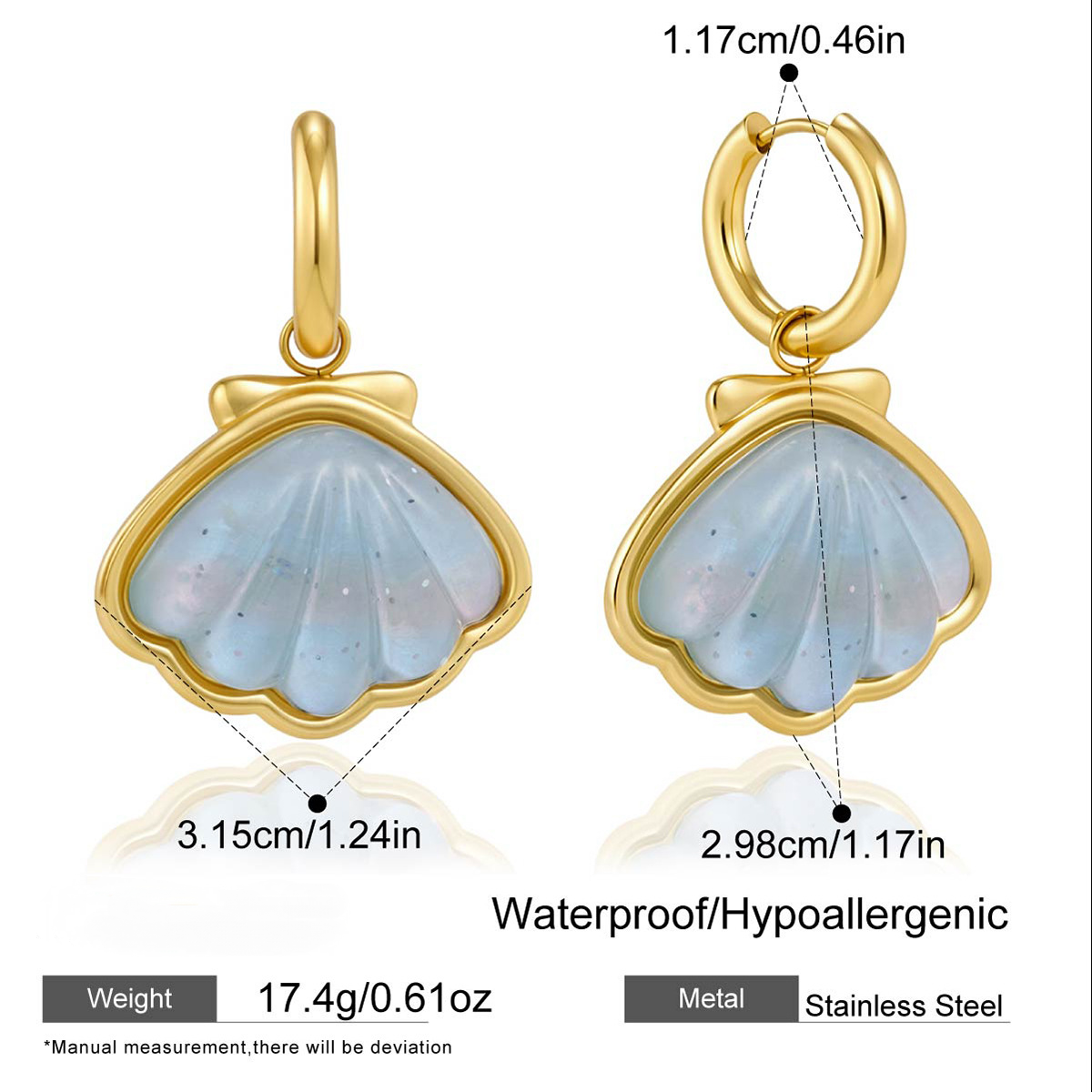 Stainless Steel Blue Shell Pendant Necklace Earrings Jewelry Set