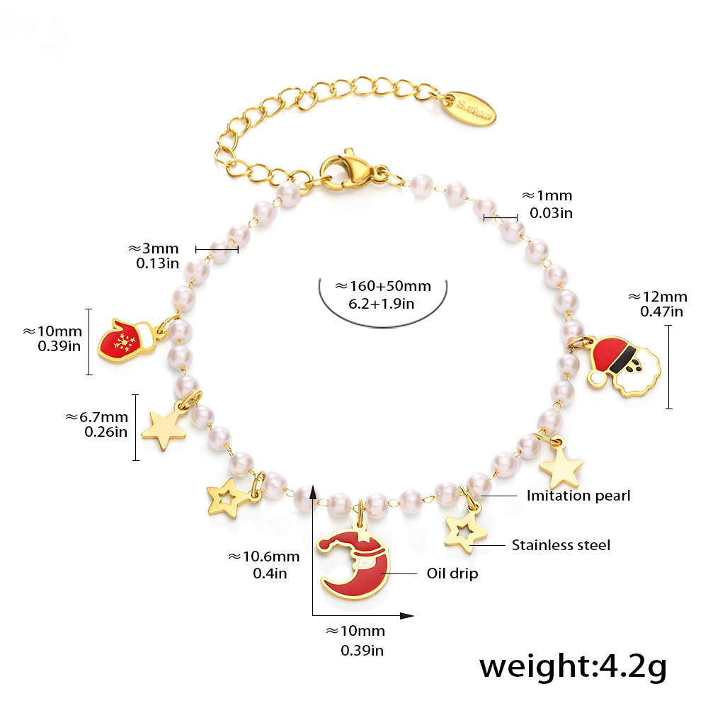 Stainless Steel Enamel Christmas Element Pendant Imitation Pearl Necklace Bracelet Jewelry Suit
