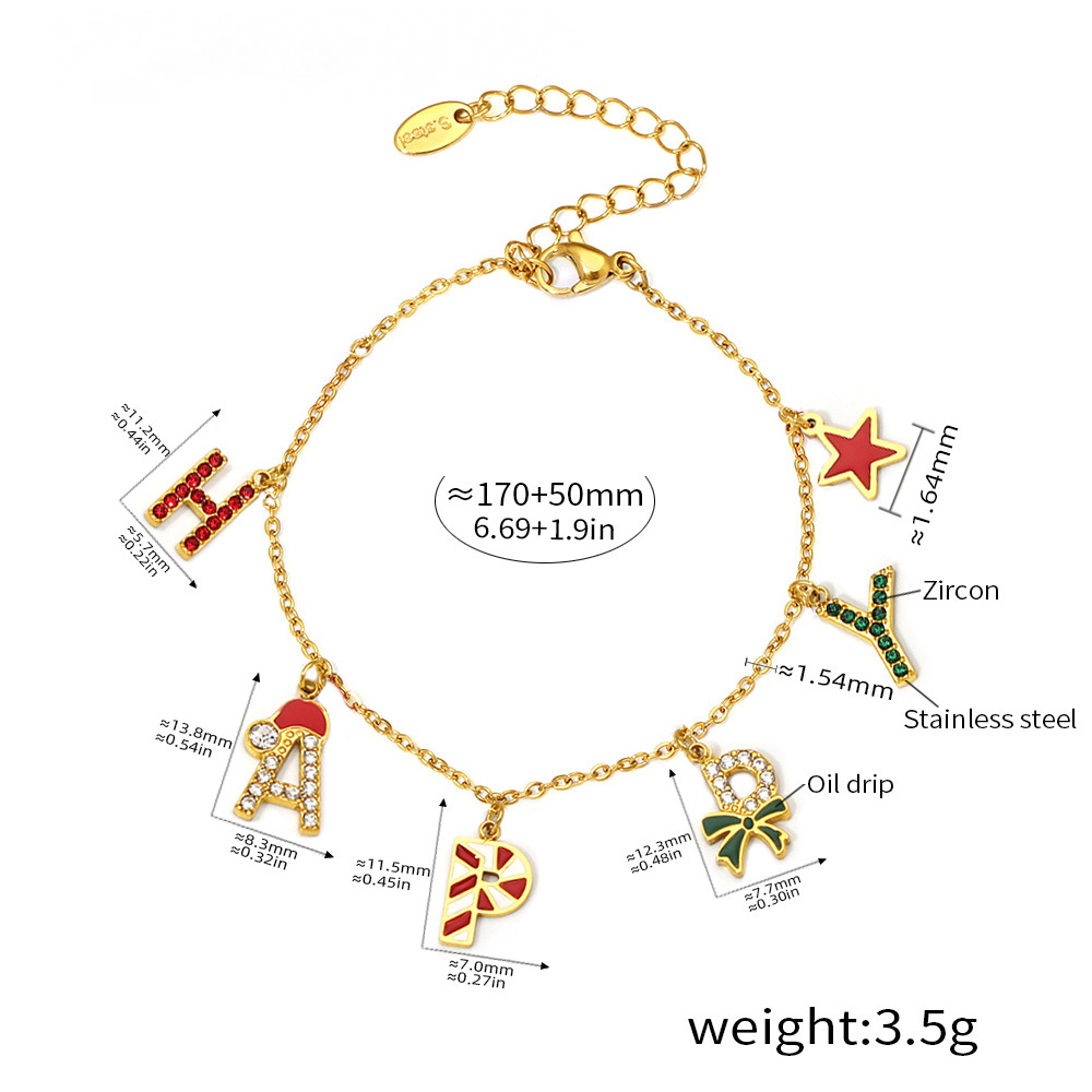 Stainless Steel Christmas Zircon HAPPY Letter Necklace Bracelet Earrings Jewelry Suit
