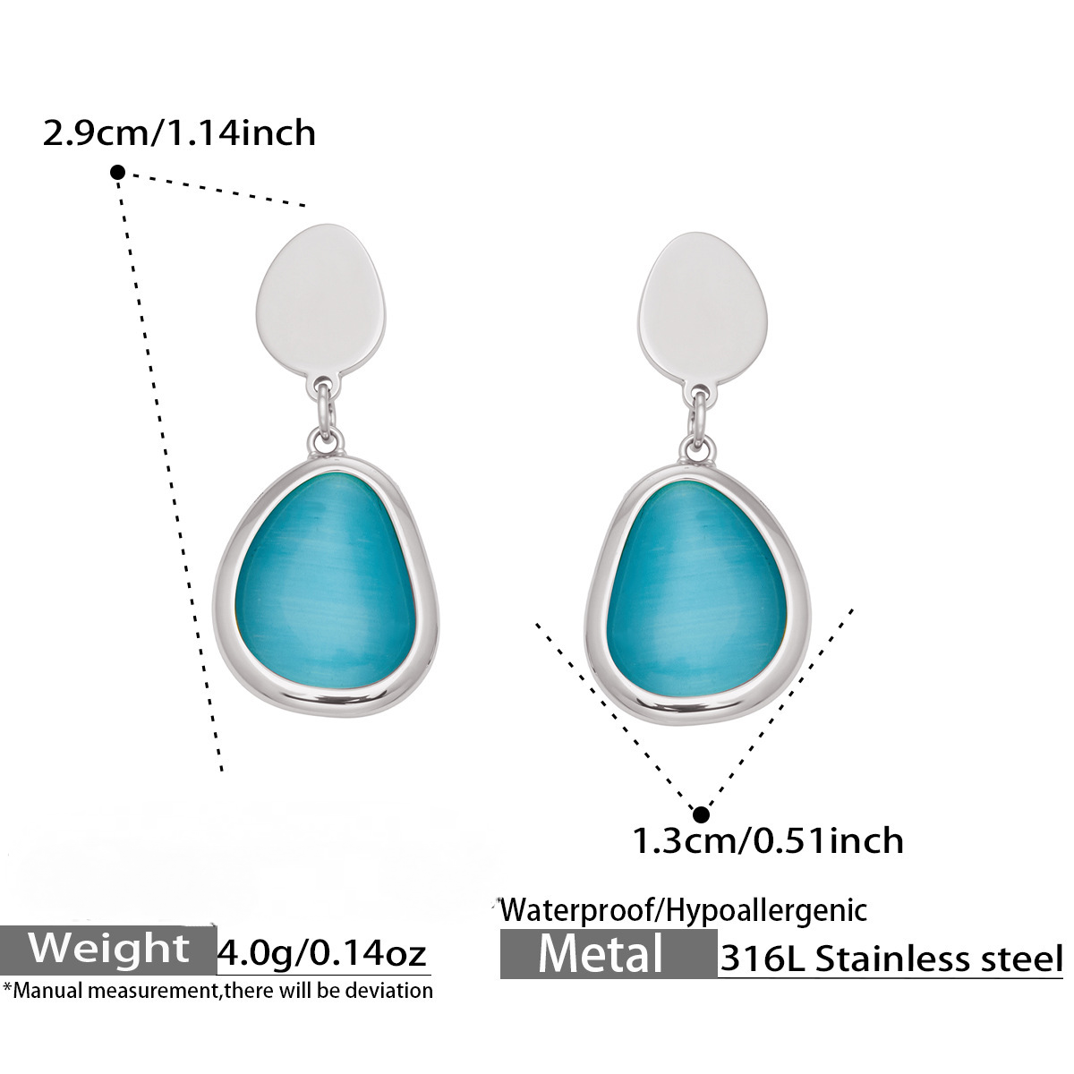 Stainless Steel Water Drop Cat's Eye Stone Necklace Earrings Bracelet Jewelry Set
