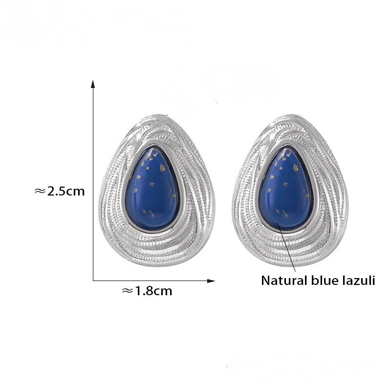 Stainless Steel Vintage Natural Blue Lazuli Stone Stud Earrings