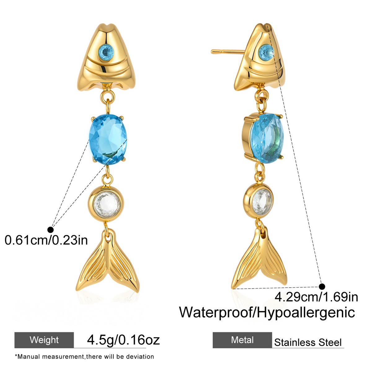 Stainless Steel Cubic Zirconia Fish Pendant Stud Earrings