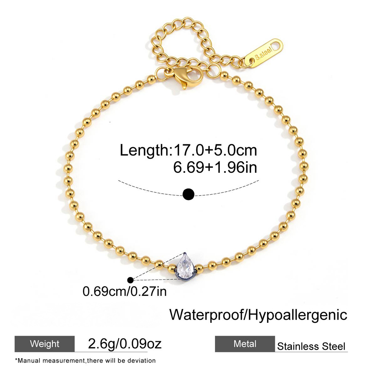 Stainless Steel Water Drop White CZ Bead Chain Bracelet