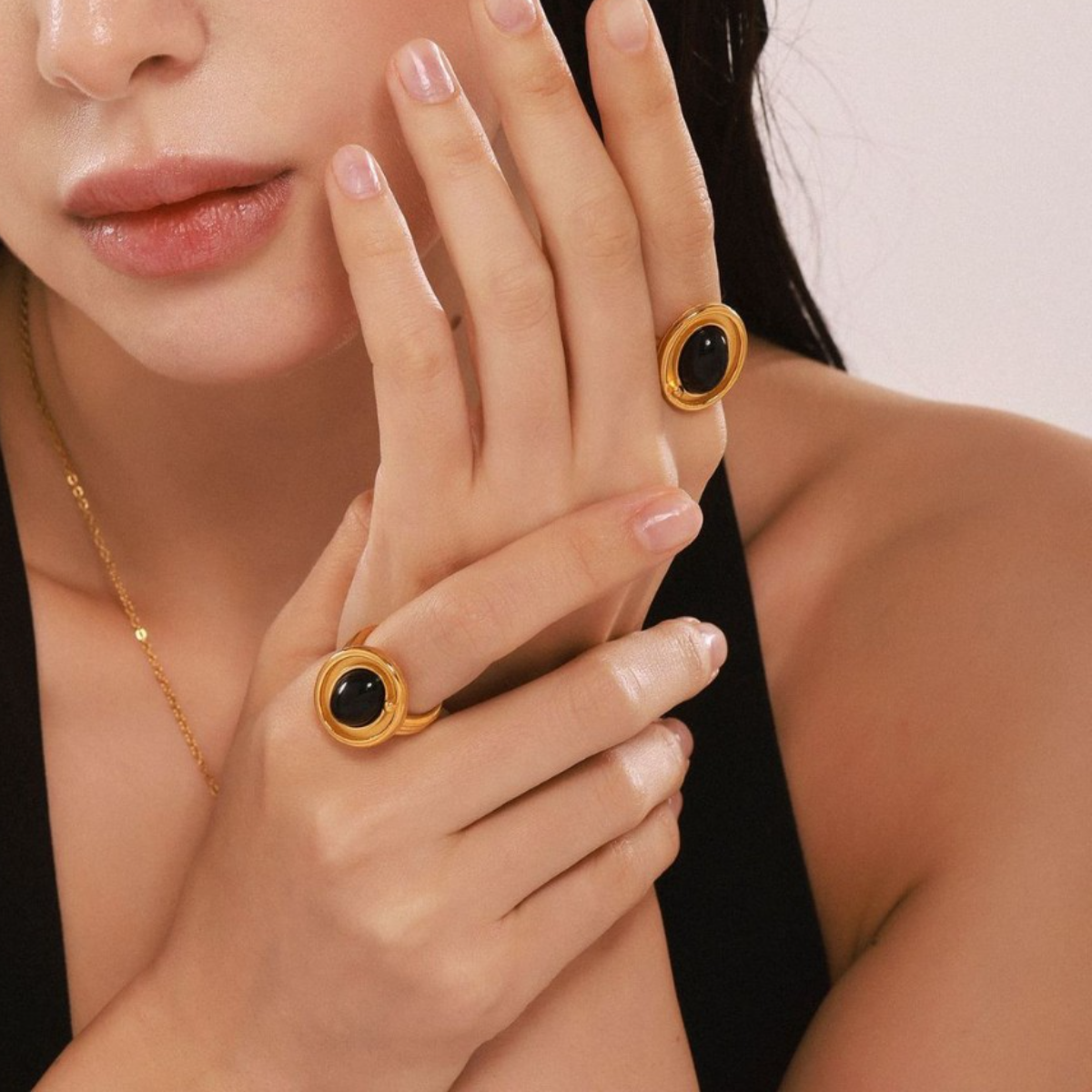 Stainless Steel Oval Black Agate Ring