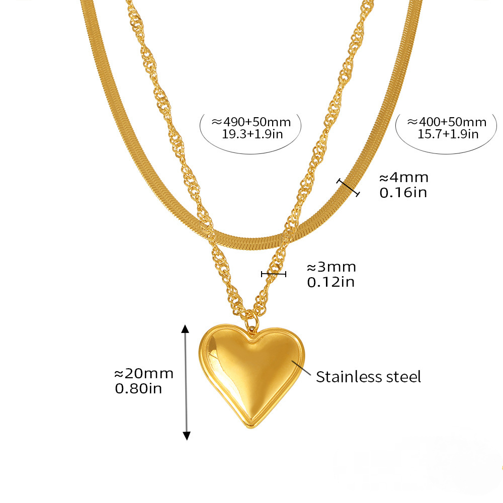 3D Heart Pendant Stainless Steel Double Layer Stackable Necklace