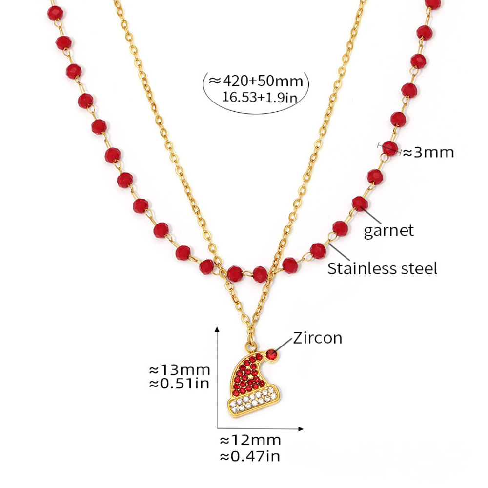 Christmas Hat Cubic Zirconia Pendant Garnet Beaded Chain Double Necklace Bracelet Jewelry Suit