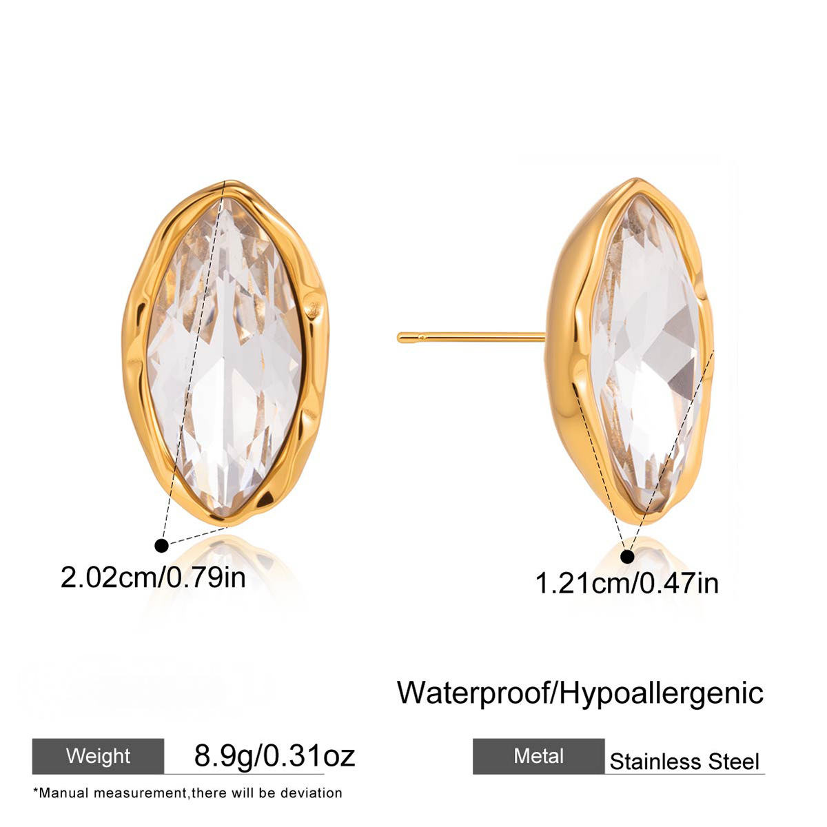 Stainless Steel Oval Rhinestone Stud Earrings