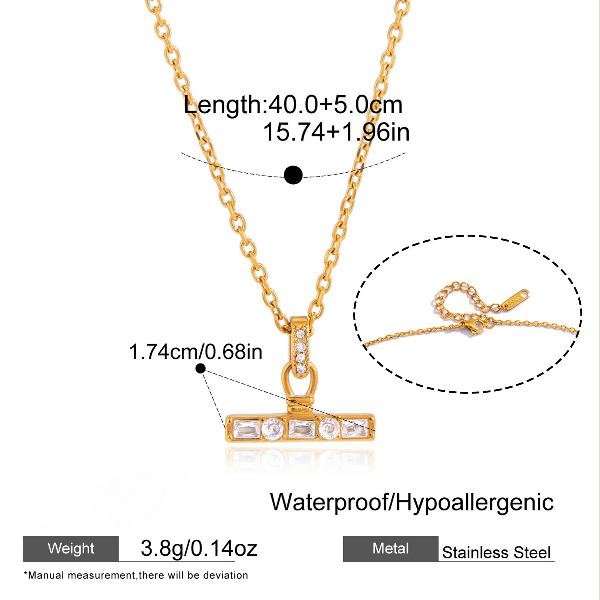 Stainless Steel Rhinestone T-bar Necklace Earrings Jewelry Set