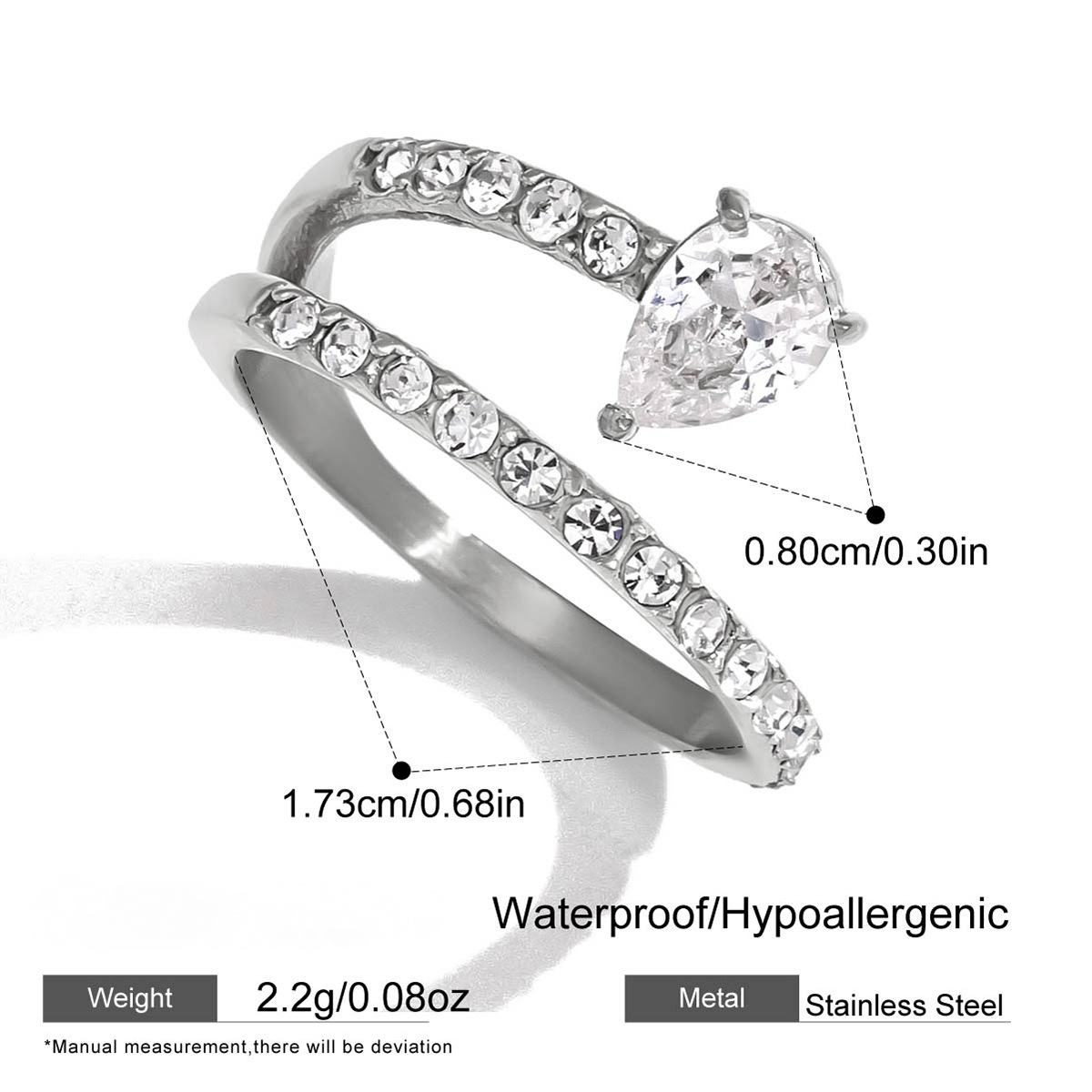 Stainless Steel Geometric Cubic Zirconia Open Ring