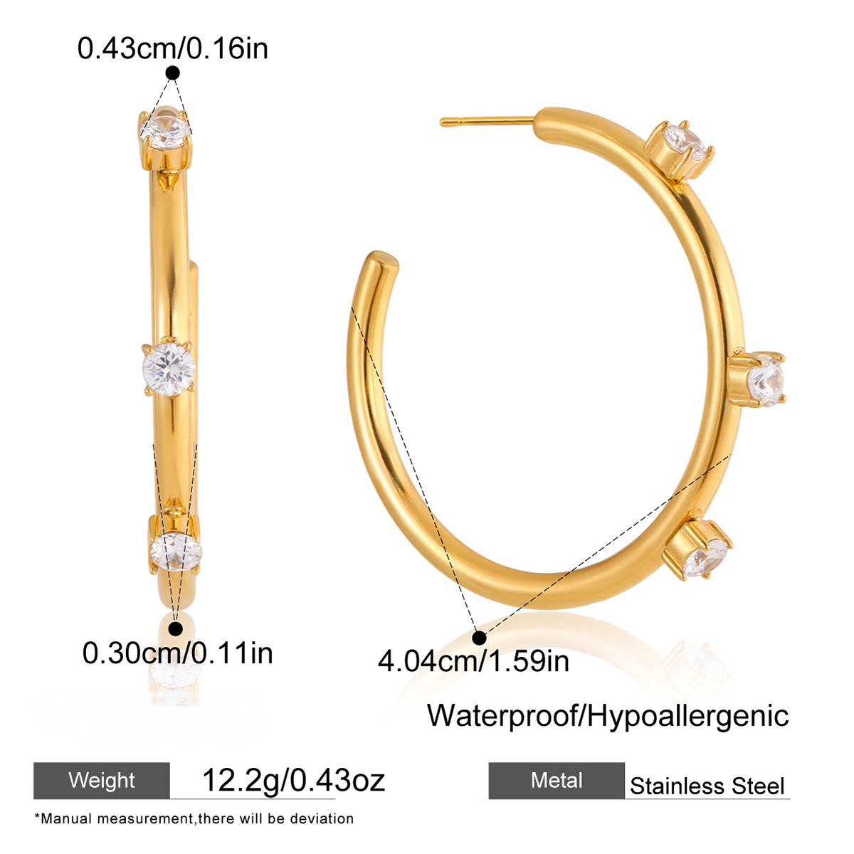 Stainless Steel White CZ C-shaped Stud Earrings