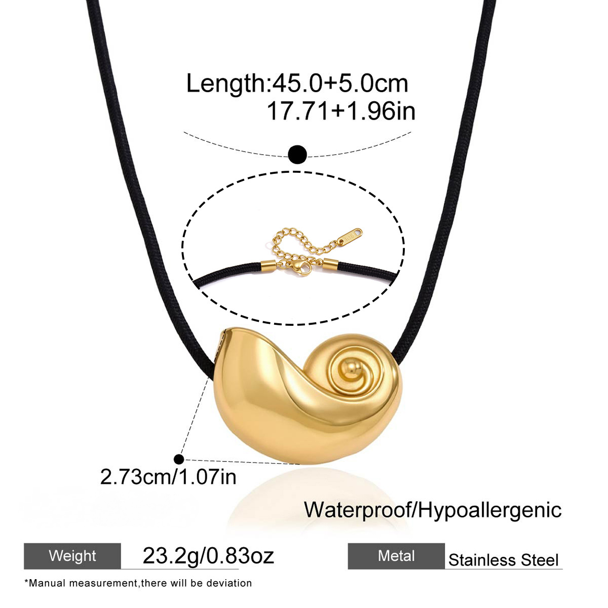Stainless Steel Black Rope Conch Pendant Necklace
