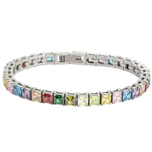 4X4mm Rainbow Zircon Tennis Stainless Steel Bracelet