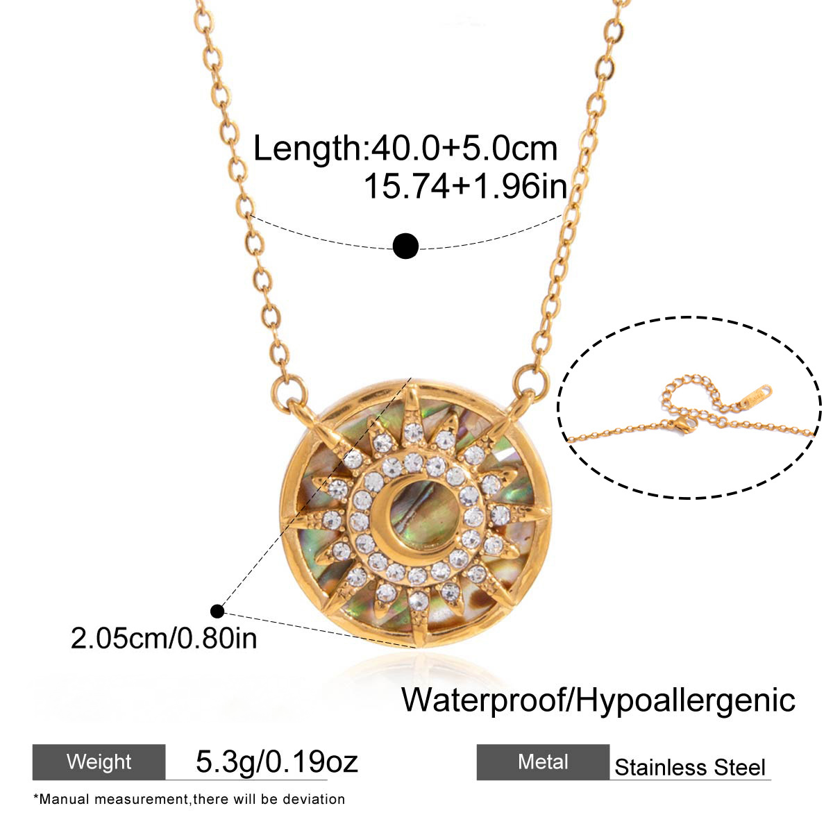 Stainless Steel Rhinestone Abalone Shell Sun Pendant Necklace