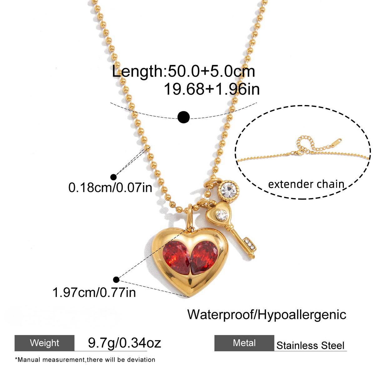 Stainless Steel Rhinestone Heart-shaped Key Pendant Necklace