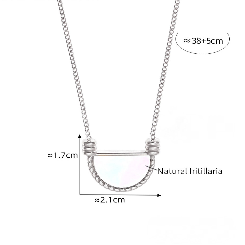 Stainless Steel Half-circle Lace Inlay Natural Fritillaria Pendant Necklace