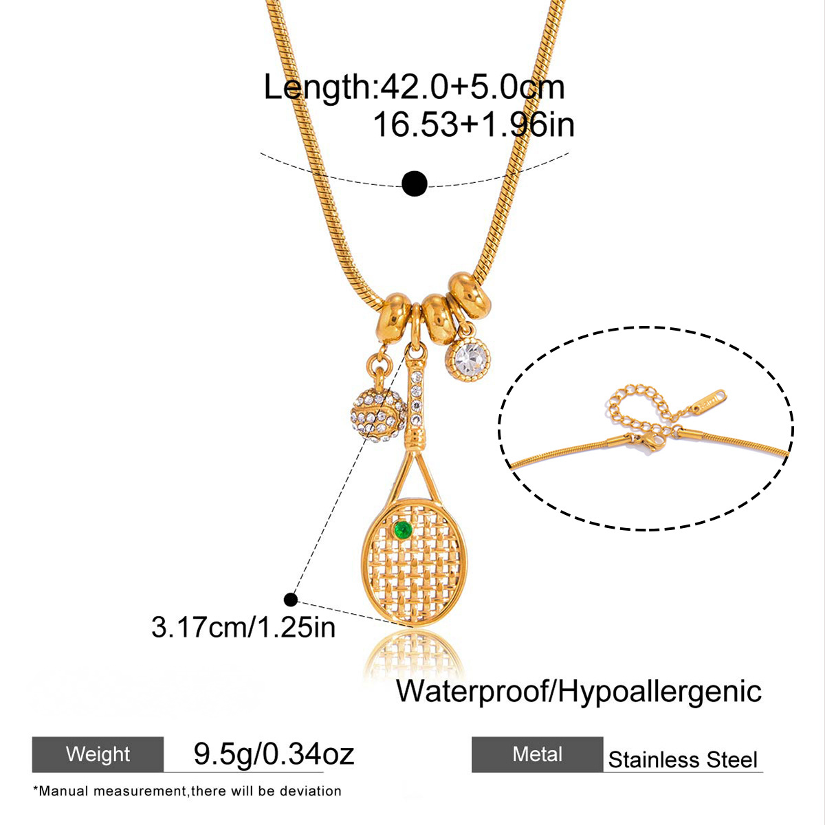 Stainless Steel Tennis Racket CZ Pendant Snake Chain Necklace