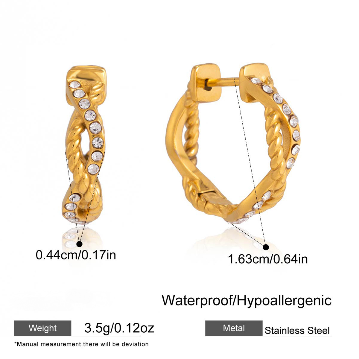 Stainless Steel Rhinestone Threaded Twisted Rope Hoop Earrings