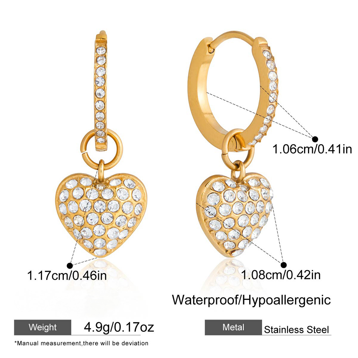 Stainless Steel Rhinestone Heart Huggie Earrings