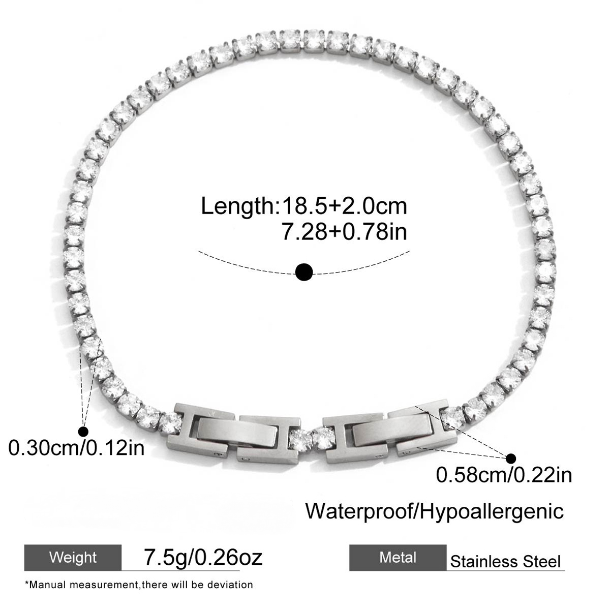 Stainless Steel White CZ Tennis Chain Bracelet