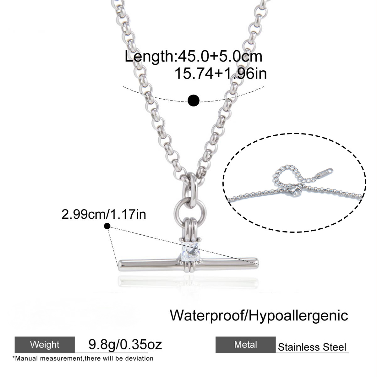 Stainless Steel T-bar Cubic Zirconia Pendant Necklace