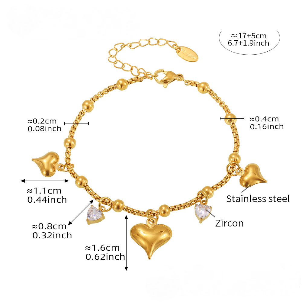 Stainless Steel Heart Cubic Zirconia Charm Bracelet