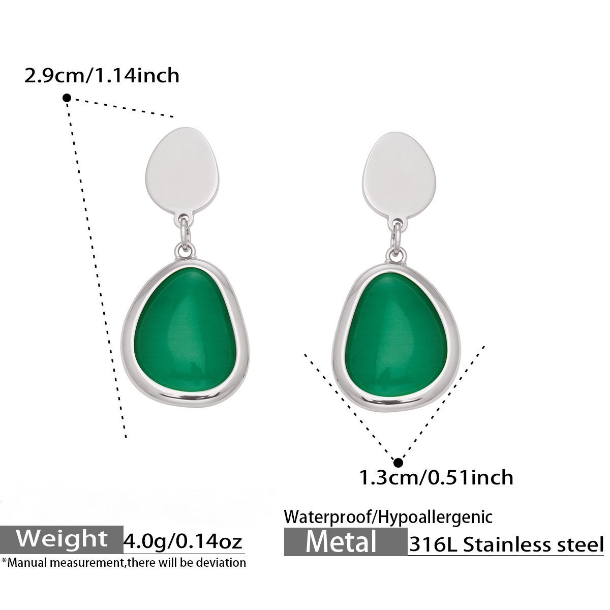 Stainless Steel Water Drop Cat's Eye Stone Necklace Earrings Bracelet Jewelry Set
