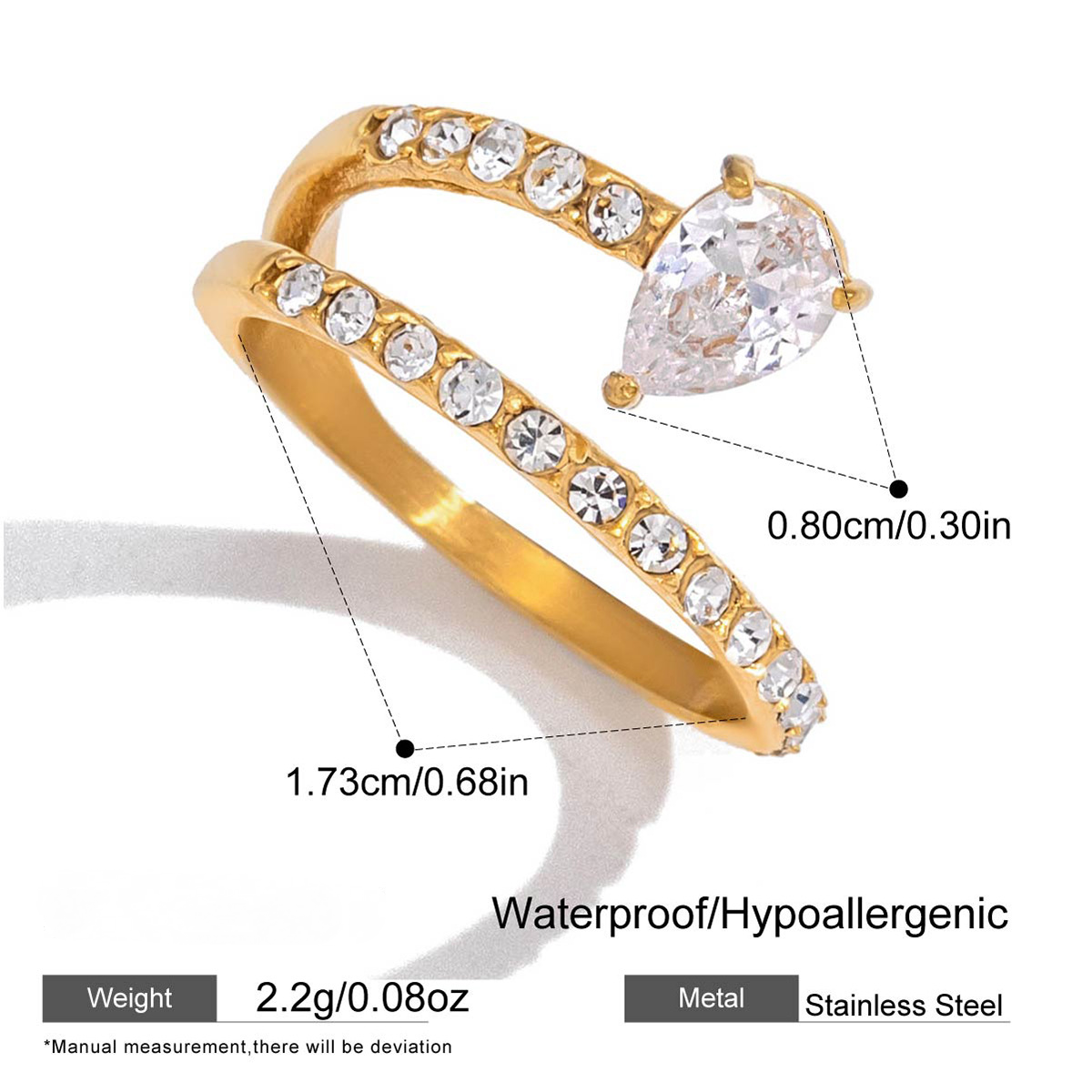 Stainless Steel Geometric Cubic Zirconia Open Ring