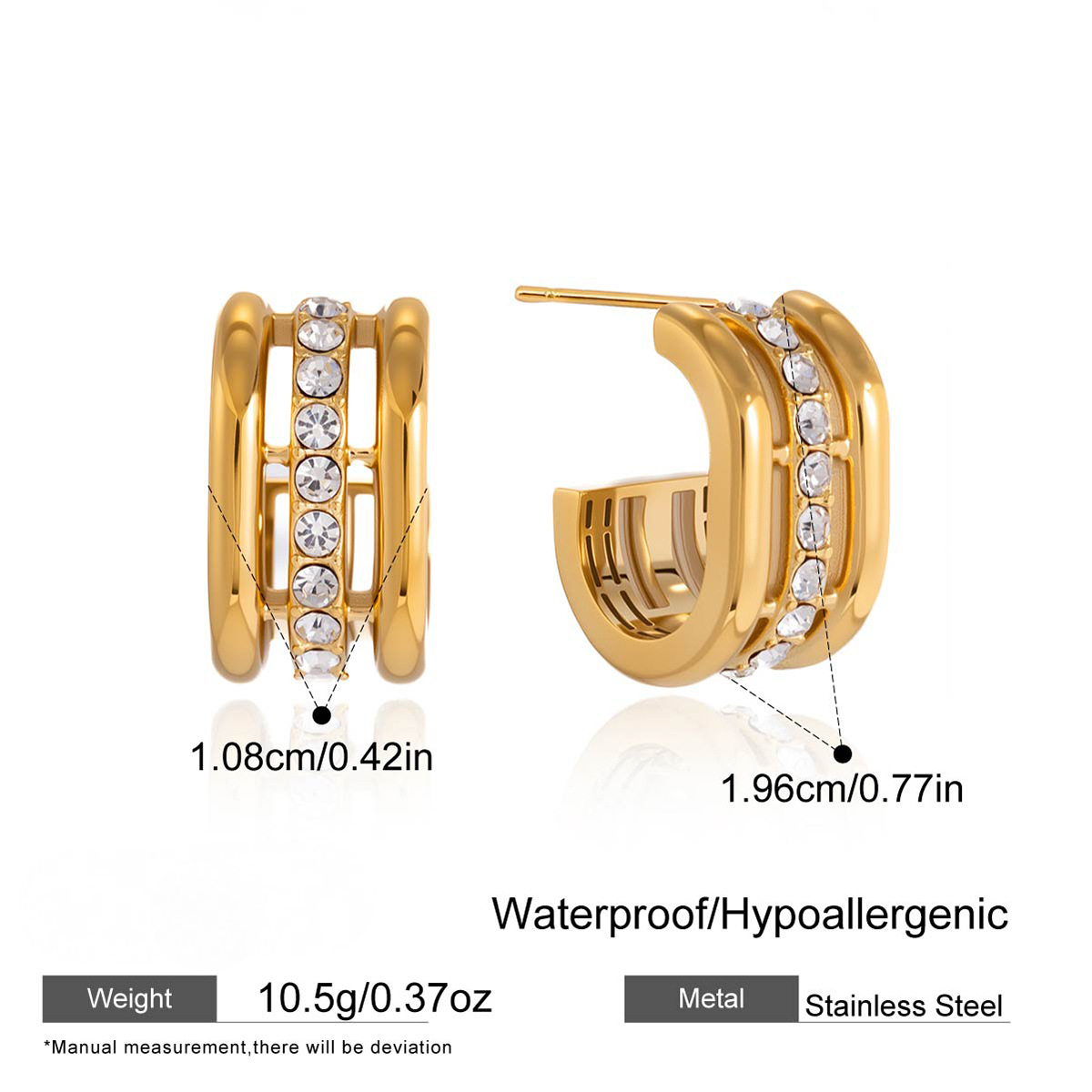 Stainless Steel Three-layer Hollowed White Rhinestone C-shaped Earrings