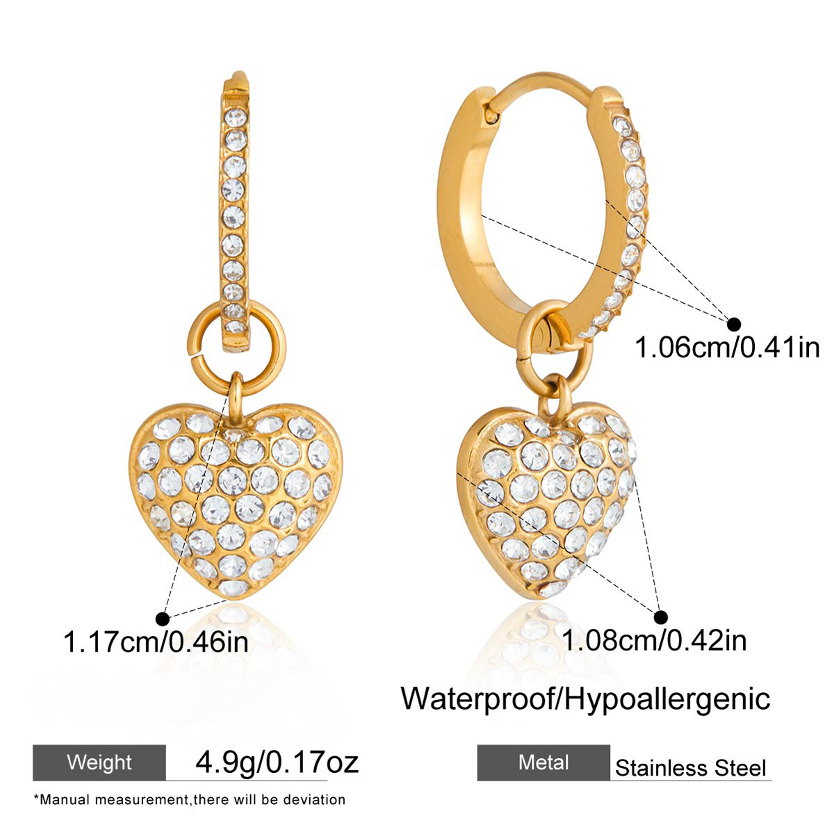 Stainless Steel Rhinestone Heart Drop Earrings