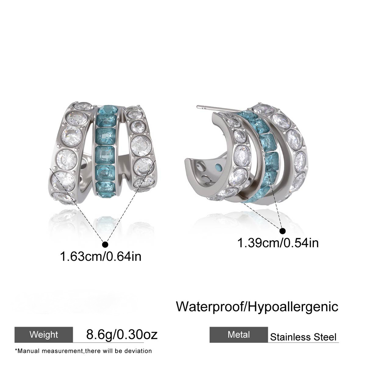 Stainless Steel Blue CZ C-shaped Multi-layer Hollow Earrings