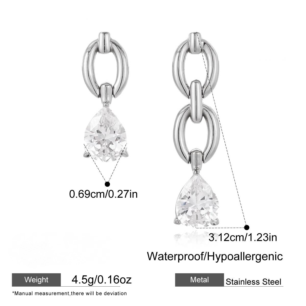 Stainless Steel White Water Drop CZ Chain Pendant Stud Earrings