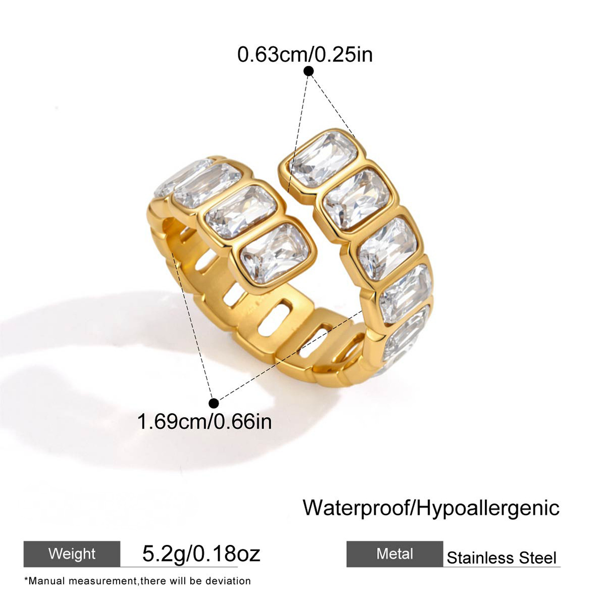 Stainless Steel 18K Gold PVD Square CZ Open Ring