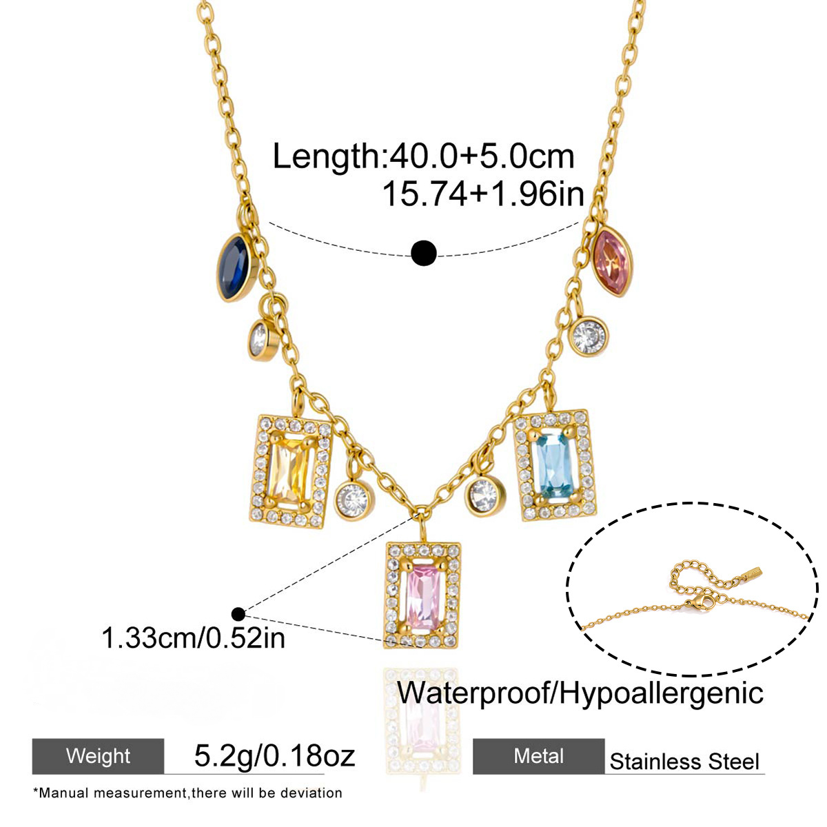 Stainless Steel Rainbow Square Cubic Zirconia Pendant Necklace