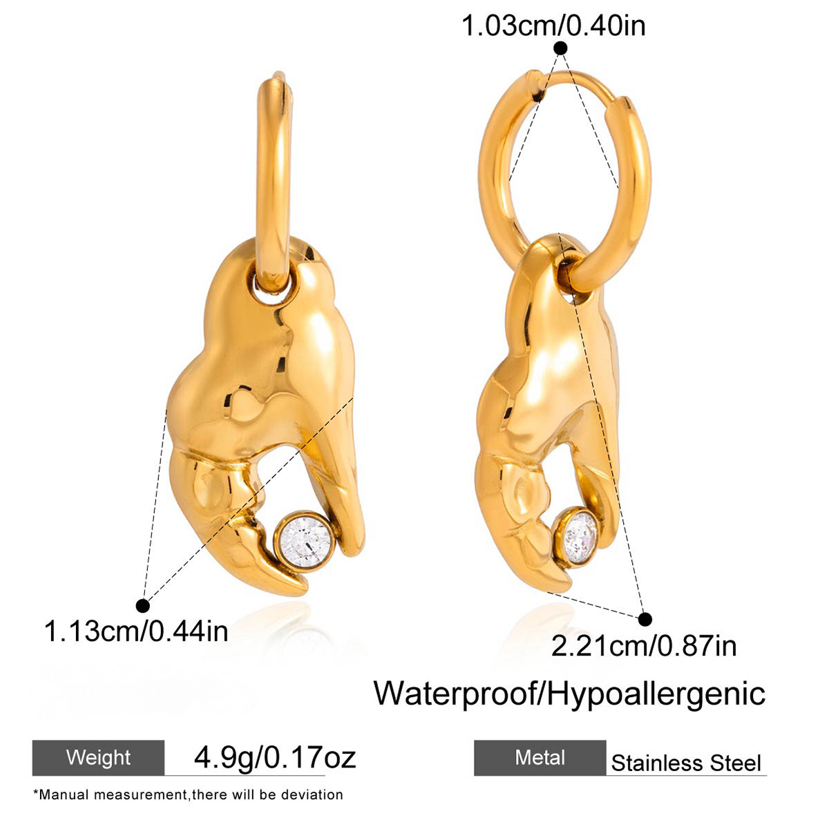 Stainless Steel White CZ Crab Claw Pendant Necklace Earrings Jewelry Set