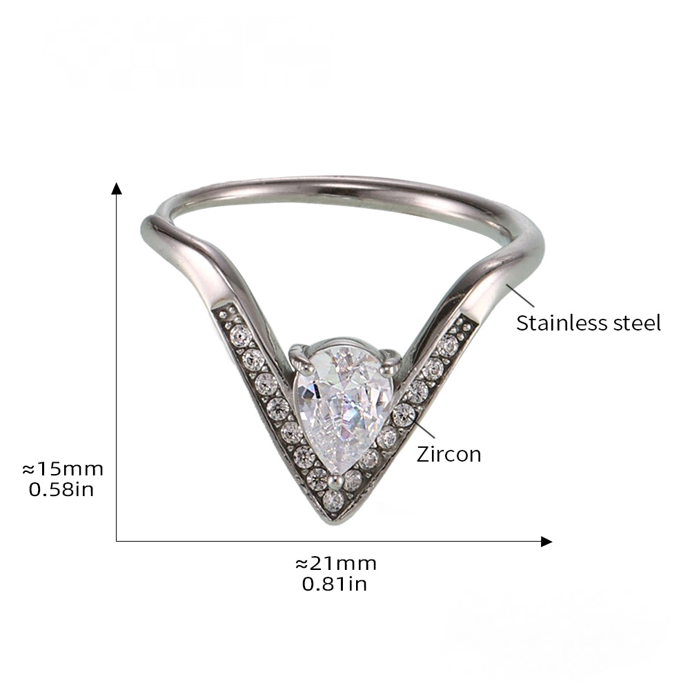 Stainless Steel V Shape Inlay Cubic Zirconia Adjustable Ring