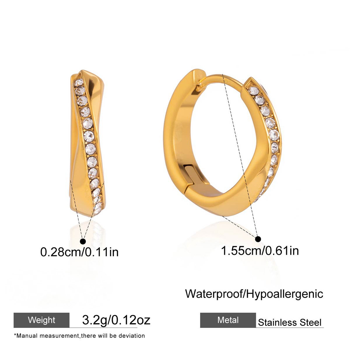 Stainless Steel Rhinestone Geometric Hoop Earrings