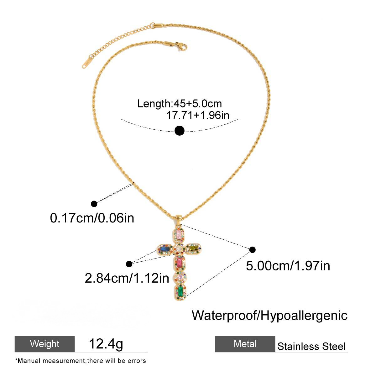 Stainless Steel Inlaid Rainbow CZ Cross Pendant Necklace