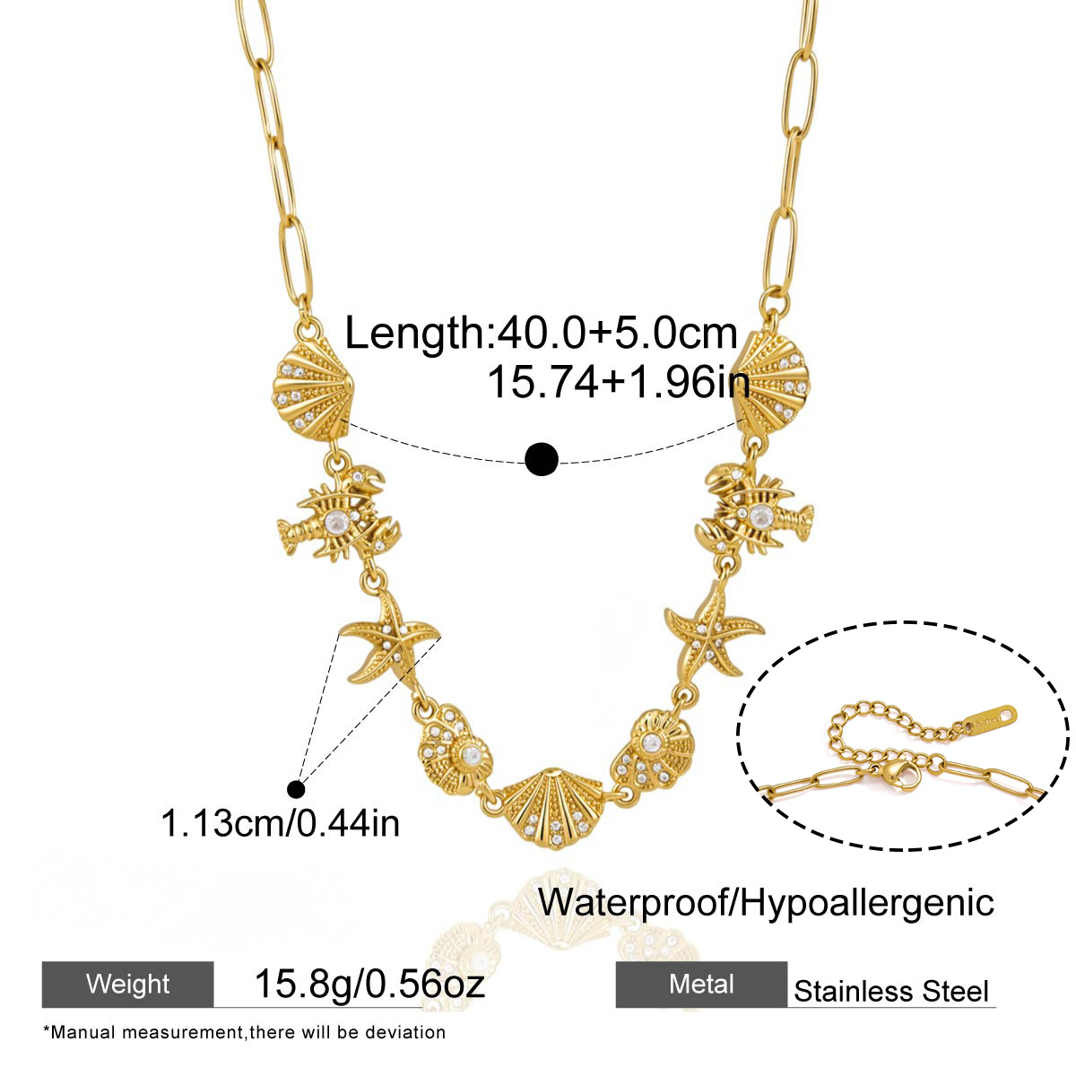 Stainless Steel White Rhinestone Turtle Lobster Shell Conch Starfish Necklace