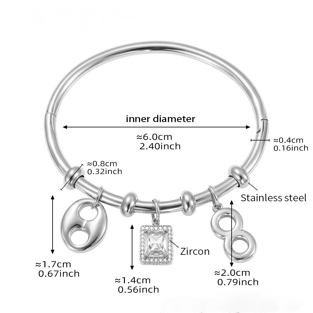 Stainless Steel Square Cubic Zirconia Number Pendant Bracelet