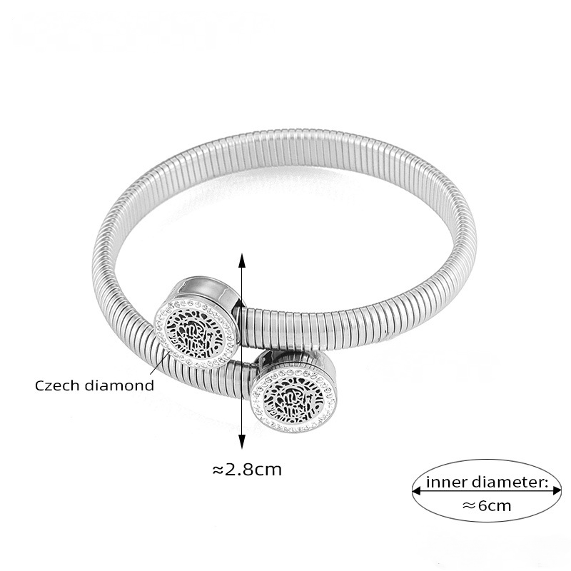 Stainless Steel Hollow Round Inlay Czech Diamonds Cuff Bracelet