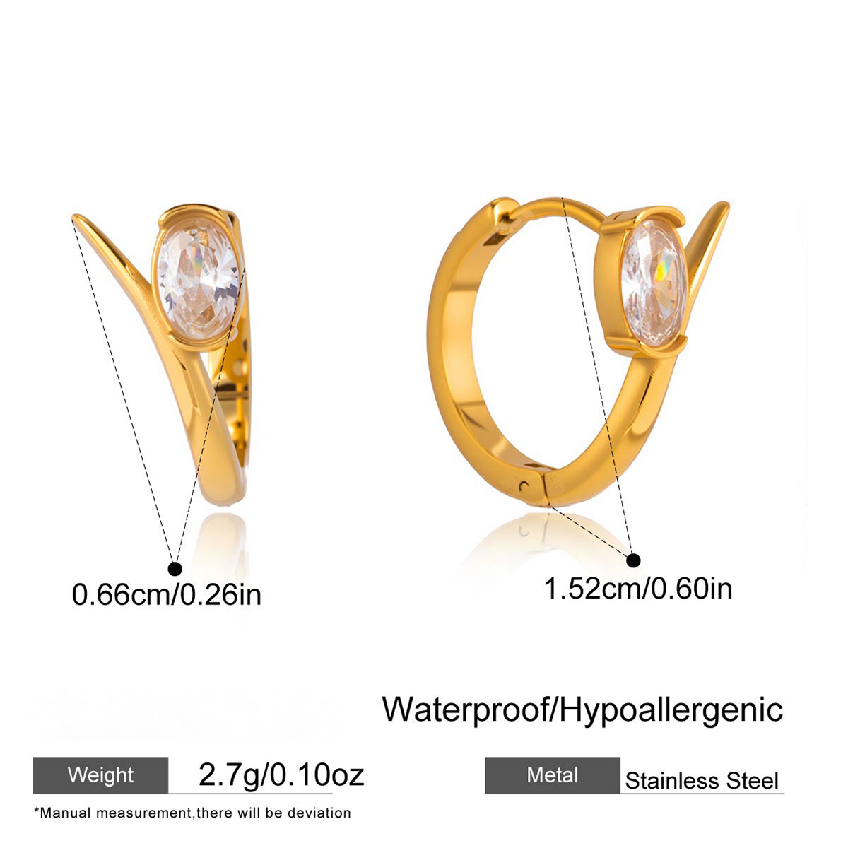 Stainless Steel White Egg-shaped CZ Linear Hoop Earrings