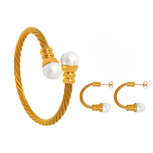 Glass Bead Cuff Stainless Steel Bracelet Earrings Jewelry Suit