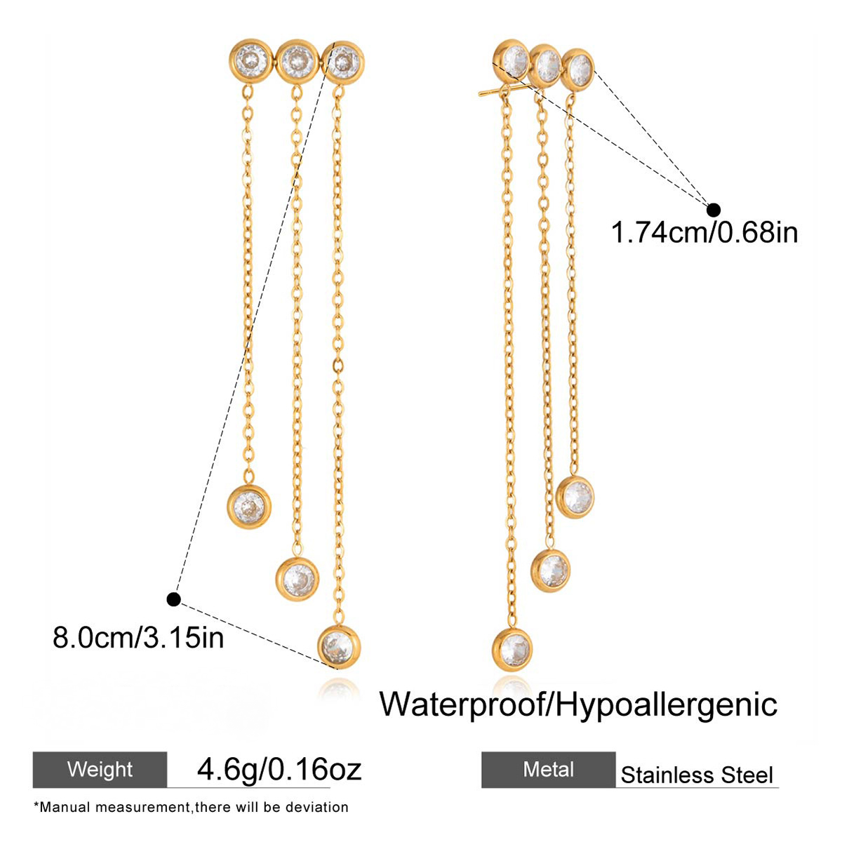 Stainless Steel Stud Earrings with 3 Zircon Tassels