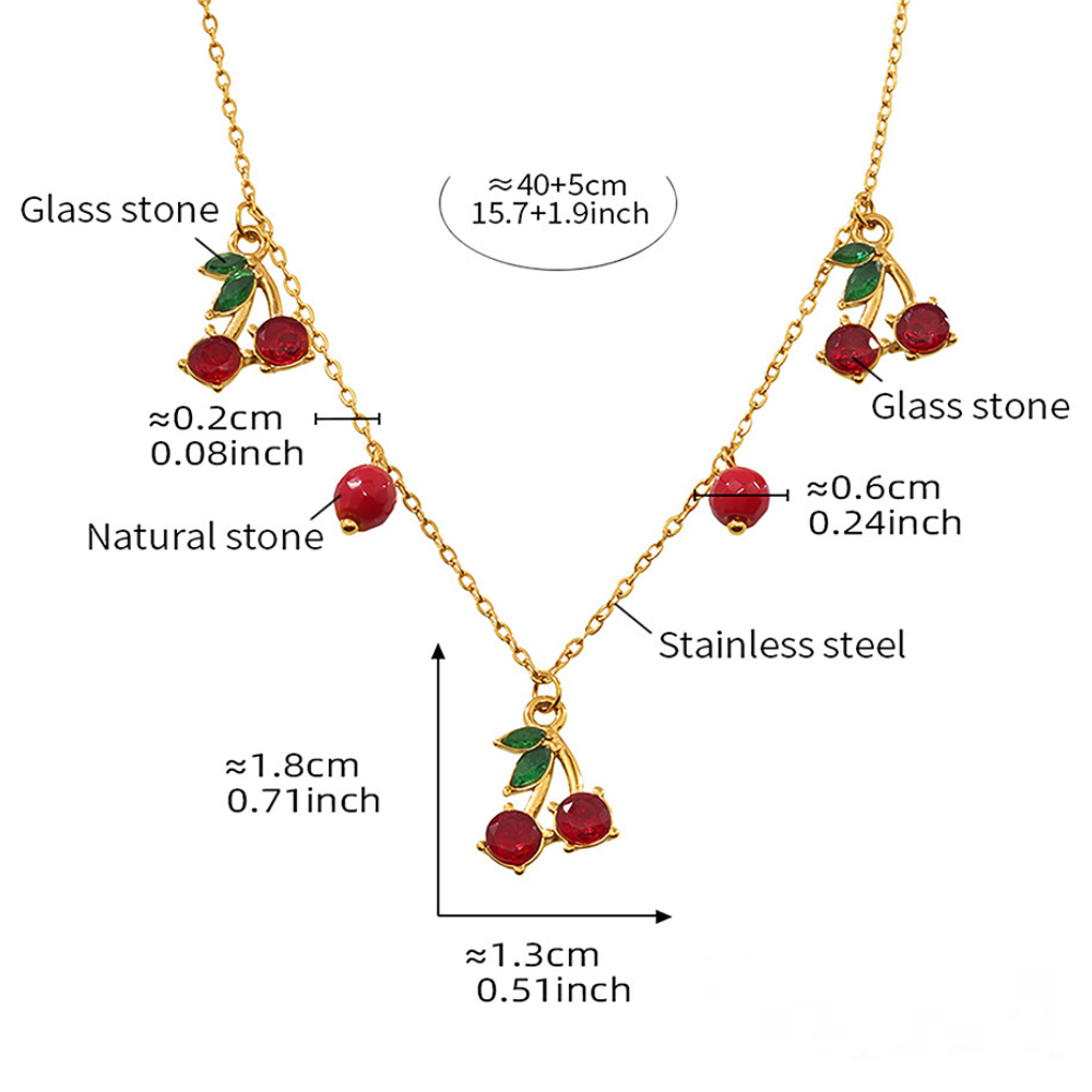 Stainless Steel Cherry Glass Stone Necklace Earrings Jewelry Suit