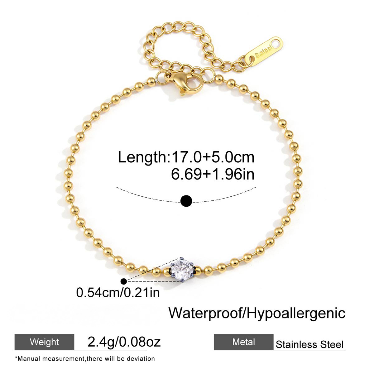 Stainless Steel Water Drop White CZ Bead Chain Bracelet